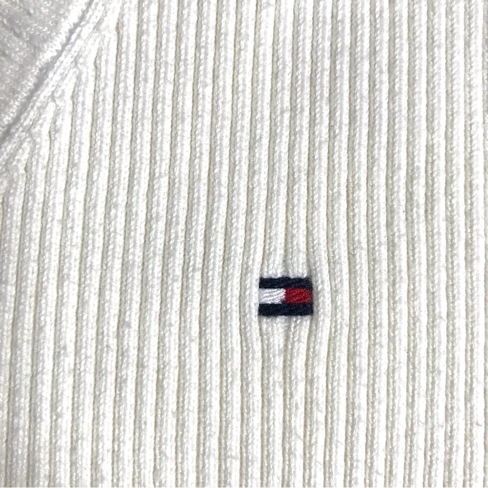 Y2K TOMMY HILFIGER Cream Ribbed Knit Preppy   V-Neck Long Sleeve Top Size Medium - Picture 8 of 13